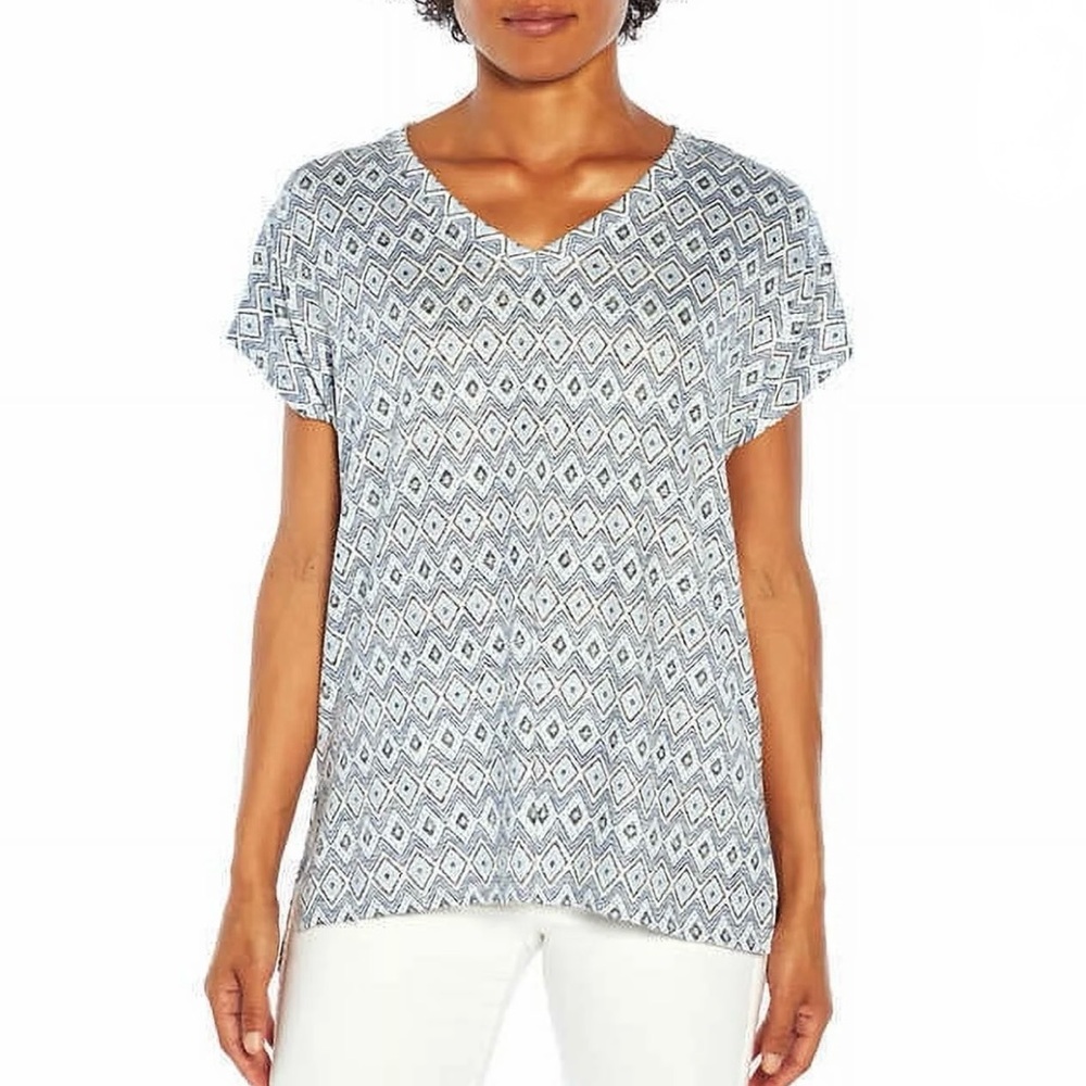 Orvis Geometric Blue Ikat Geometric Design V Neck Tunic Top Ladies XL